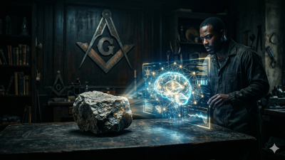 Piedra bruta junto a holograma de inteligencia artificial con escuadra y compás masónico