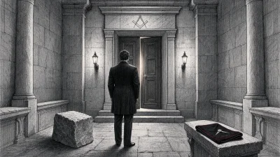 Persona frente a la puerta de una logia, con piedra bruta y mandil masónico